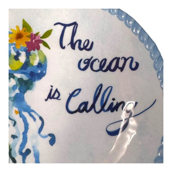 Jellyfish Nautical The Ocean Is Calling Melamine Plate 10" Beach Lake House Deco - Picture 2 of 5